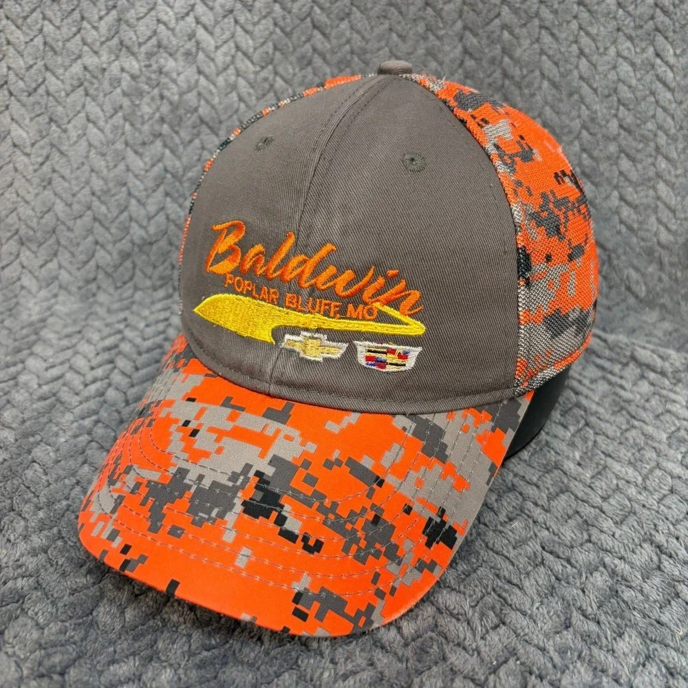 Baldwin Poplar Bluff MO Chevy Cadillac Hat Orange Digital Camo Mesh Back Cap